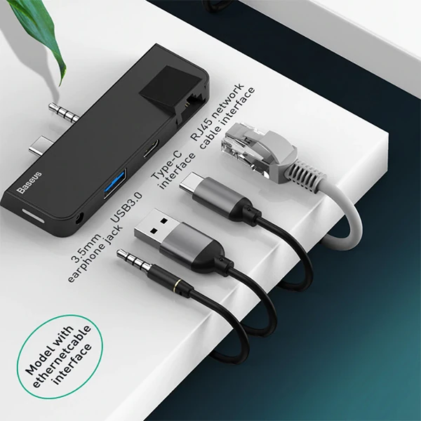Baseus Multifunctional HUB Surface Go(Type-C+Audio to RJ45+USB3.0+Type-C(data)+Audio)-(5775) - Siyah