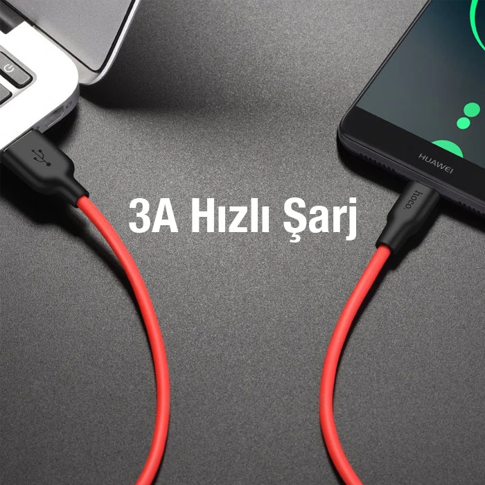HOCO X21 Plus USB to Type-C 3A Silikon Hızlı Şarj ve Data Kablosu-(5775) - Siyah-Kırmızı
