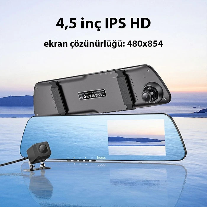Hoco DV4  DVR Ön Ve Arka Sürüş Kaydedici 45 İnç LCD Dikiz Aynası Araç kamerası-(5775) - Siyah