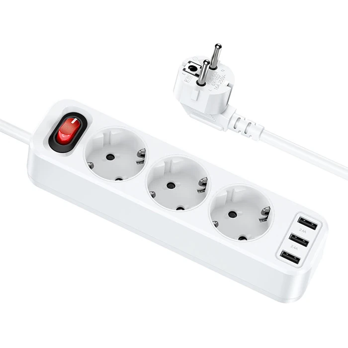 HOCO NS2 3'lü Priz 3 USB 4000W 1.8 Metre Şarj Uzatma Kablosu Akım Korumalı-(5775) - Beyaz