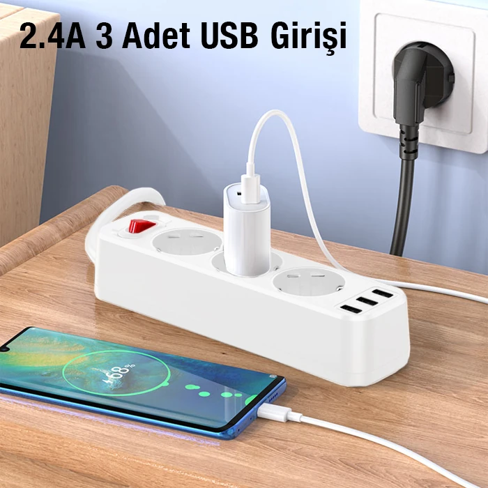 HOCO NS2 3'lü Priz 3 USB 4000W 1.8 Metre Şarj Uzatma Kablosu Akım Korumalı-(5775) - Beyaz