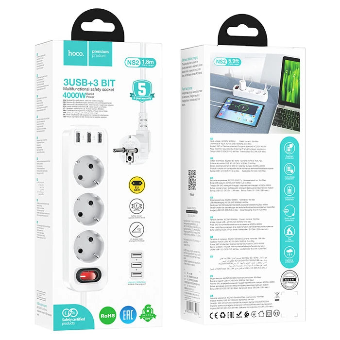 HOCO NS2 3'lü Priz 3 USB 4000W 1.8 Metre Şarj Uzatma Kablosu Akım Korumalı-(5775) - Beyaz