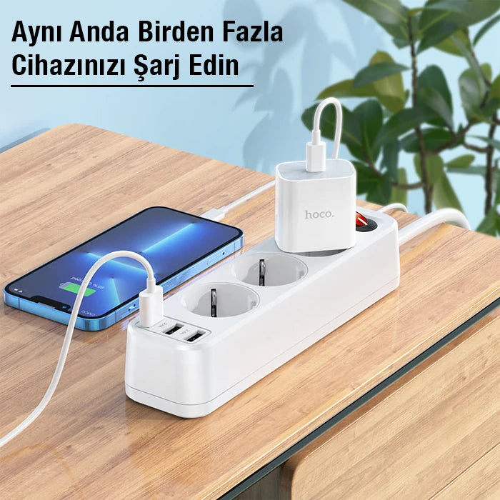 HOCO NS2 3'lü Priz 3 USB 4000W 1.8 Metre Şarj Uzatma Kablosu Akım Korumalı-(5775) - Beyaz