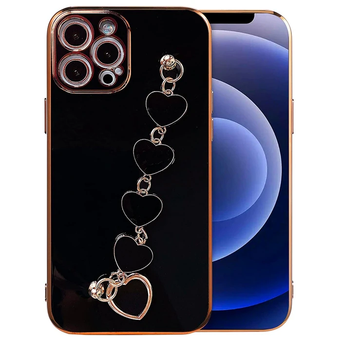Ally iPhone 12 Pro 6.1inç Kılıf Kalp Bileklik Tutuculu Lüx Silikon Askılı Kılıf-(5775) - Pembe