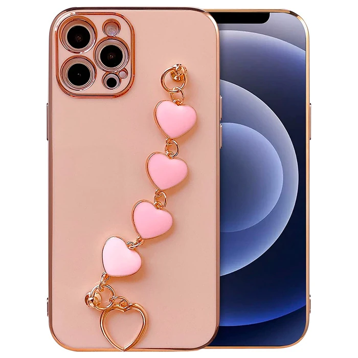 Ally iPhone 12 Pro 6.1inç Kılıf Kalp Bileklik Tutuculu Lüx Silikon Askılı Kılıf-(5775) - Pembe