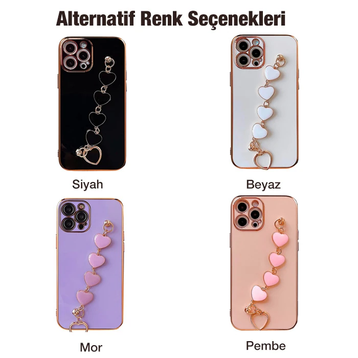 Ally iPhone 12 Pro 6.1inç Kılıf Kalp Bileklik Tutuculu Lüx Silikon Askılı Kılıf-(5775) - Pembe