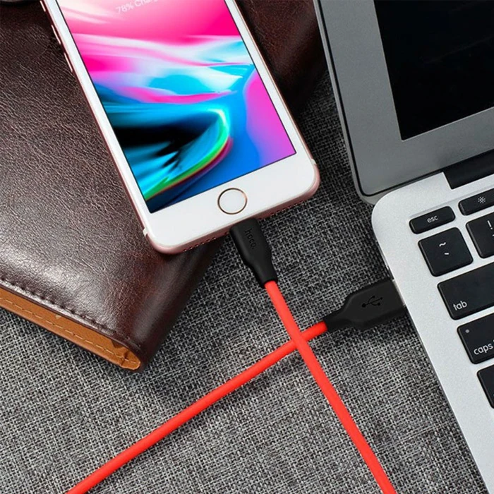 HOCO X21 USB to iPhone Lightning 2A Silikon Hızlı Şarj ve Data Kablosu-(5775) - Siyah-Kırmızı