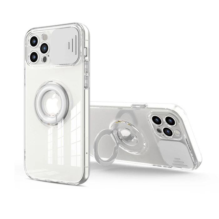 Ally iPhone 11 Pro 5.8inç Kılıf Sürgülü Kamera Lens Korumalı Yüzük Standlı Silikon Kılıf-(5775) - Siyah
