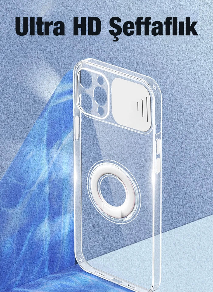 Ally iPhone 11 Pro 5.8inç Kılıf Sürgülü Kamera Lens Korumalı Yüzük Standlı Silikon Kılıf-(5775) - Siyah
