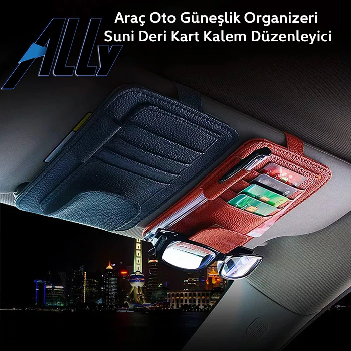 Ally Araç Oto Güneşlik Organizeri Suni Deri Kart Kalem Düzenleyici-(5775) - Turuncu