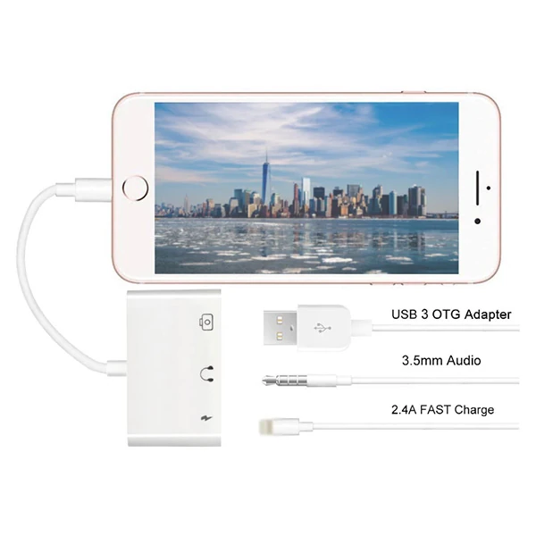3in1 İPhone-İPAD lightning To Kulakılık ve Usb Kamera Okuyucu Otg-(5775) - Beyaz