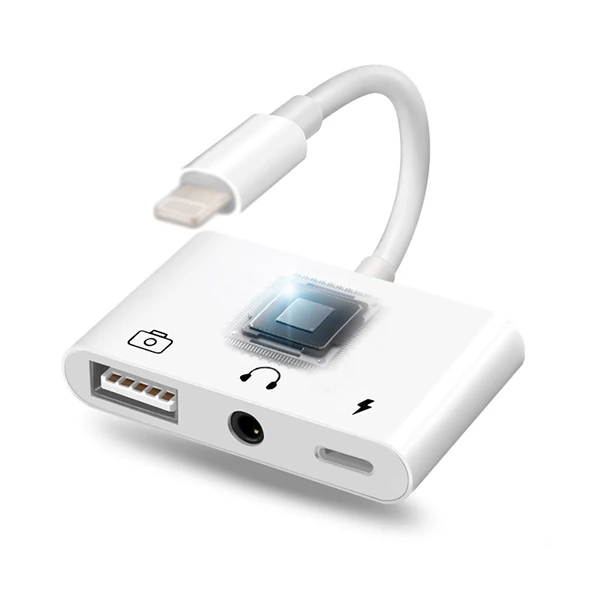 3in1 İPhone-İPAD lightning To Kulakılık ve Usb Kamera Okuyucu Otg-(5775) - Beyaz
