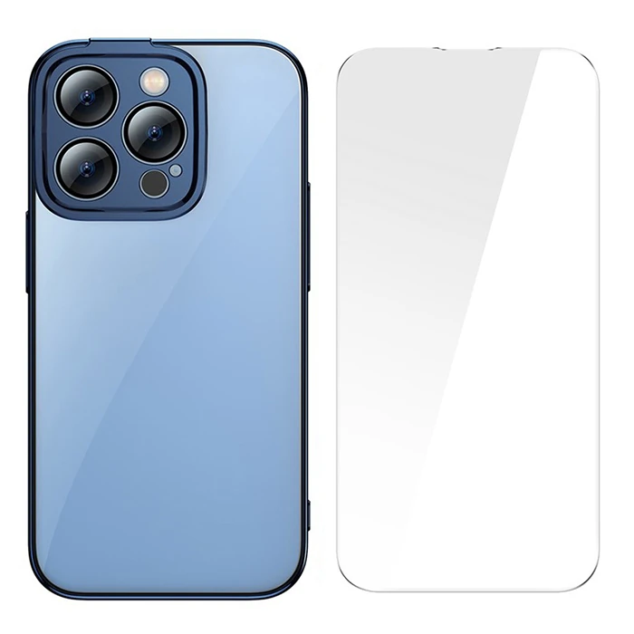 Baseus Glitter iPhone 14 Pro 6.1 Renkli Kenar Silikon Kılıf + Tempered Ekran Koruyucu Set-(5775) - Mavi
