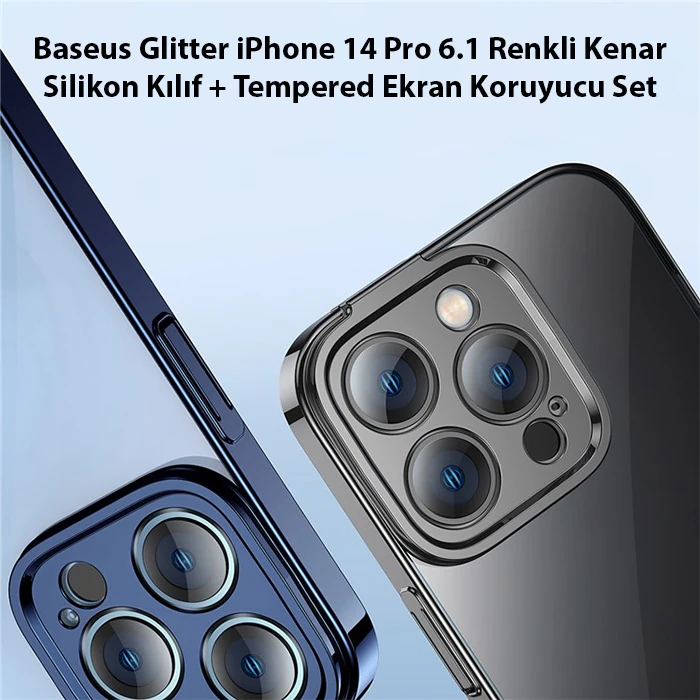 Baseus Glitter iPhone 14 Pro 6.1 Renkli Kenar Silikon Kılıf + Tempered Ekran Koruyucu Set-(5775) - Mavi