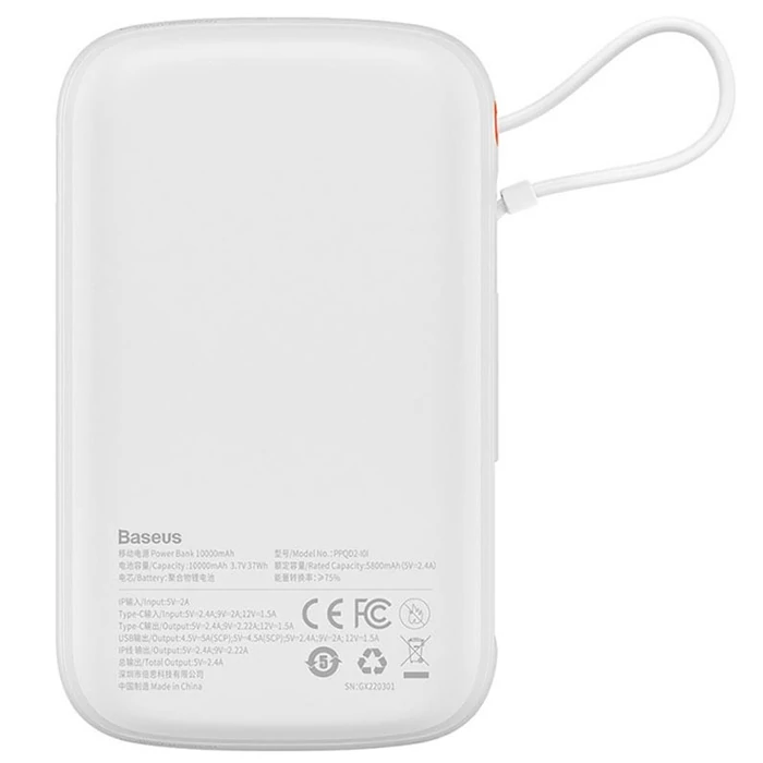Baseus Qpow Pro Dijital Göstergeli 10000mAh 20W Hızlı Şarj Powerbank iPhone Lightning Kablolu-(5775) - Beyaz