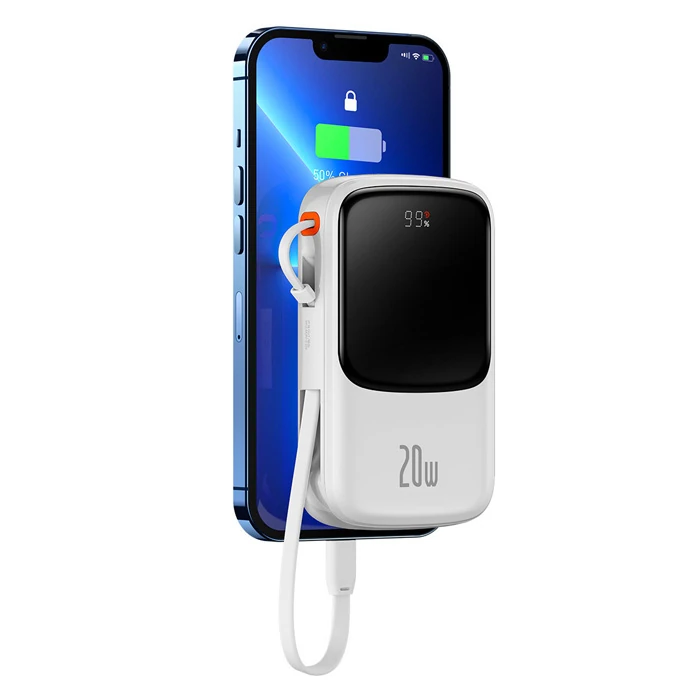 Baseus Qpow Pro Dijital Göstergeli 10000mAh 20W Hızlı Şarj Powerbank iPhone Lightning Kablolu-(5775) - Beyaz