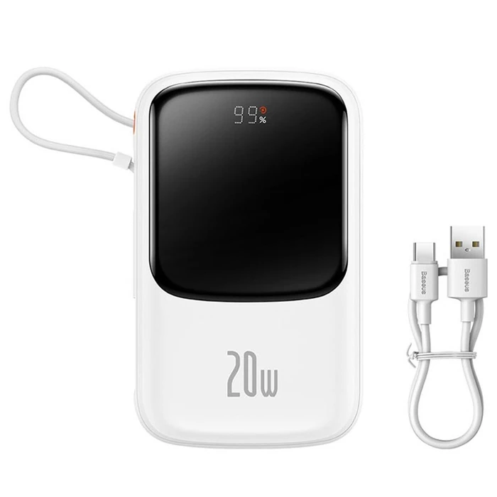Baseus Qpow Pro Dijital Göstergeli 10000mAh 20W Hızlı Şarj Powerbank iPhone Lightning Kablolu-(5775) - Beyaz