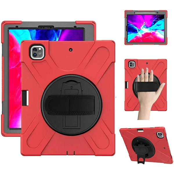 İPad Pro 12.9-inch (2021)-(2020) Kılıf Kalem Yerli 3 Katmanlı Standlı Zırh Kılıf-Shockproof-(5775) - Kırmızı