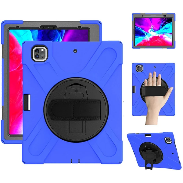 İPad Pro 12.9-inch (2021)-(2020) Kılıf Kalem Yerli 3 Katmanlı Standlı Zırh Kılıf-Shockproof-(5775) - Mavi