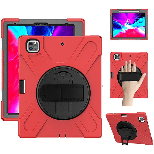 İPad Pro 12.9-inch (2021)-(2020) Kılıf Kalem Yerli 3 Katmanlı Standlı Zırh Kılıf-Shockproof-(5775) - Kırmızı