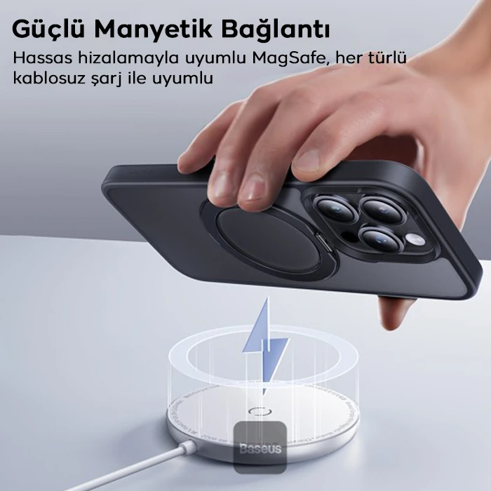 Baseus iPhone 15 Plus SkyRing Serisi Standlı Magsafe Manyetik Kılıf + Tempered Ekran Koruyucu Set-(5775) - Siyah
