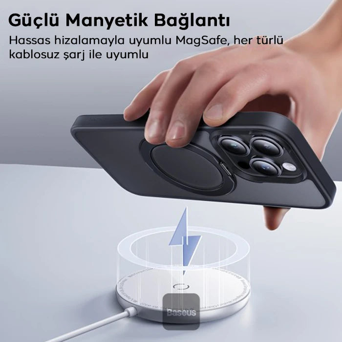 Baseus iPhone 15 Plus SkyRing Serisi Standlı Magsafe Manyetik Kılıf + Tempered Ekran Koruyucu Set-(5775) - Siyah