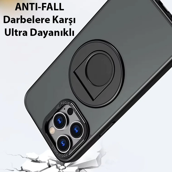 ALLY iPhone 14 Pro Max İçin Magsafe Uyumlu Yüzük Standlı Manyetik Silikon Kılıf-(5775) - Siyah