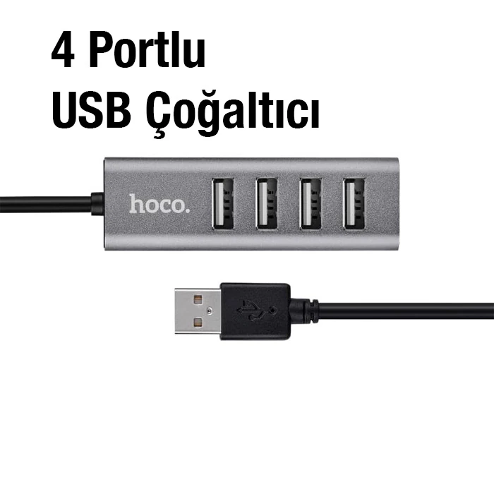 HOCO HB1 80cm Kablolu 4 Portlu USB Çoğaltıcı HUB Adaptör-(5775) - Füme