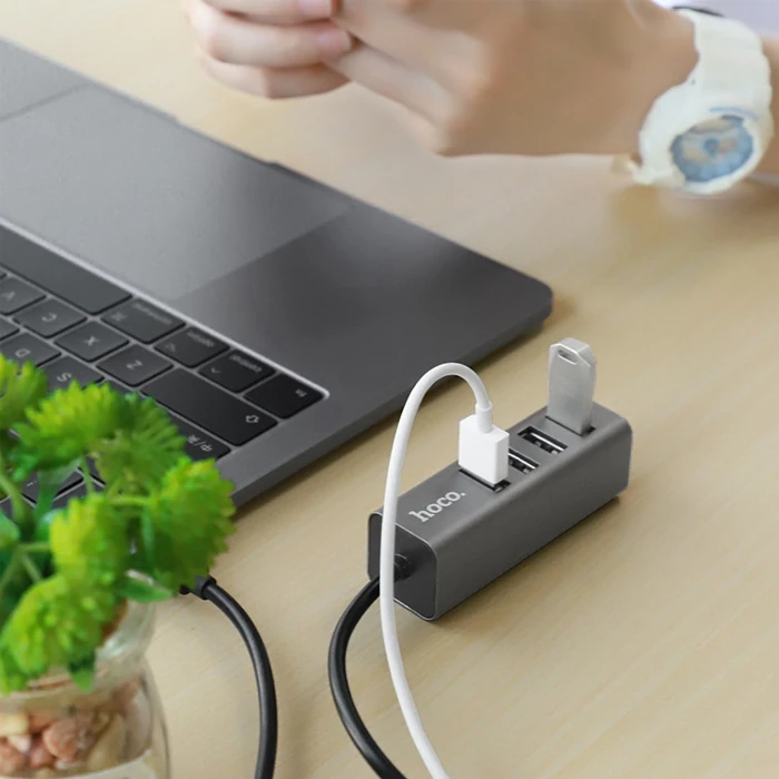 HOCO HB1 80cm Kablolu 4 Portlu USB Çoğaltıcı HUB Adaptör-(5775) - Füme