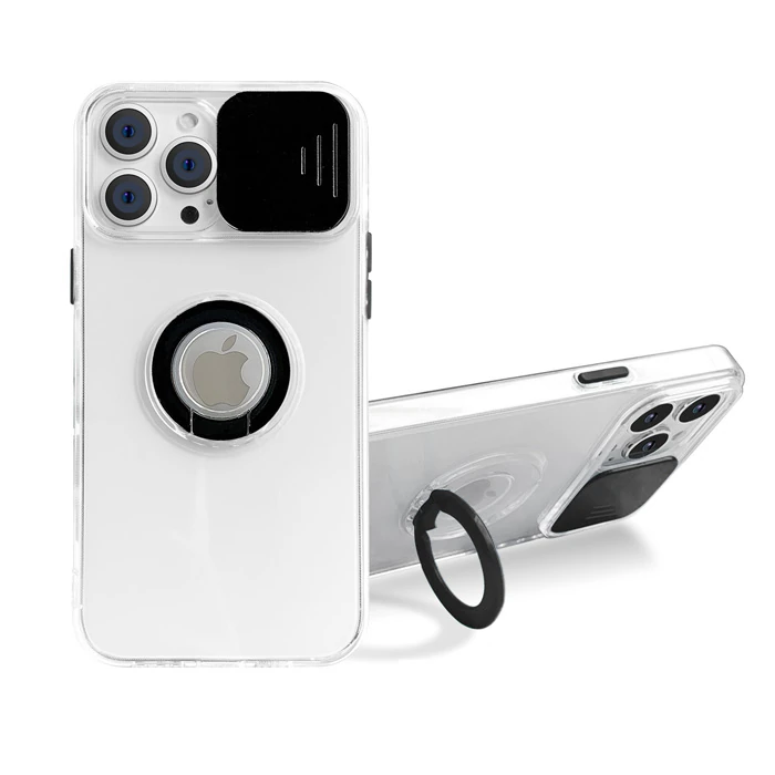Ally iPhone 12 Pro Max Kılıf Sürgülü Kamera Lens Korumalı Yüzük Standlı Silikon Kılıf-(5775) - Beyaz