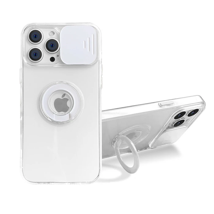 Ally iPhone 12 Pro Max Kılıf Sürgülü Kamera Lens Korumalı Yüzük Standlı Silikon Kılıf-(5775) - Yeşil