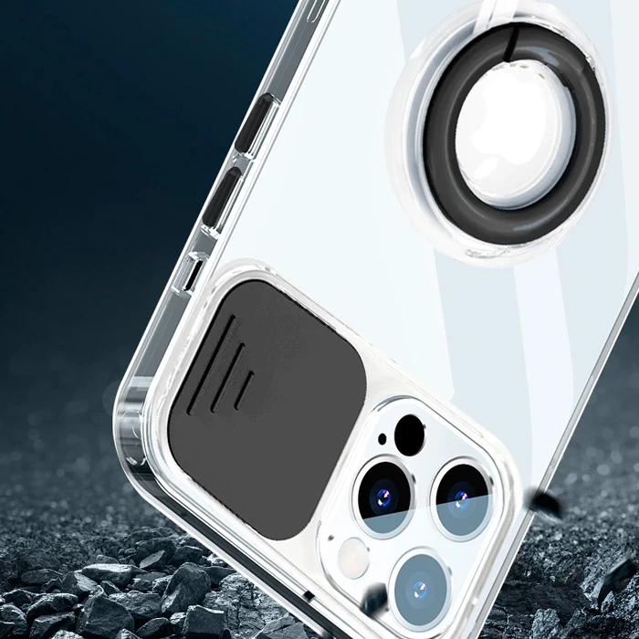Ally iPhone 12 Pro Max Kılıf Sürgülü Kamera Lens Korumalı Yüzük Standlı Silikon Kılıf-(5775) - Beyaz