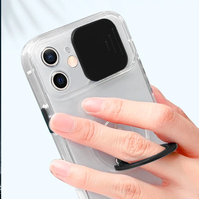 Ally iPhone 12 Pro Max Kılıf Sürgülü Kamera Lens Korumalı Yüzük Standlı Silikon Kılıf-(5775) - Pembe