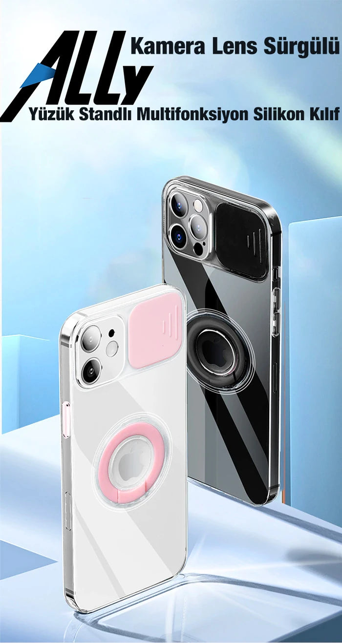 Ally iPhone 12 Pro Max Kılıf Sürgülü Kamera Lens Korumalı Yüzük Standlı Silikon Kılıf-(5775) - Beyaz
