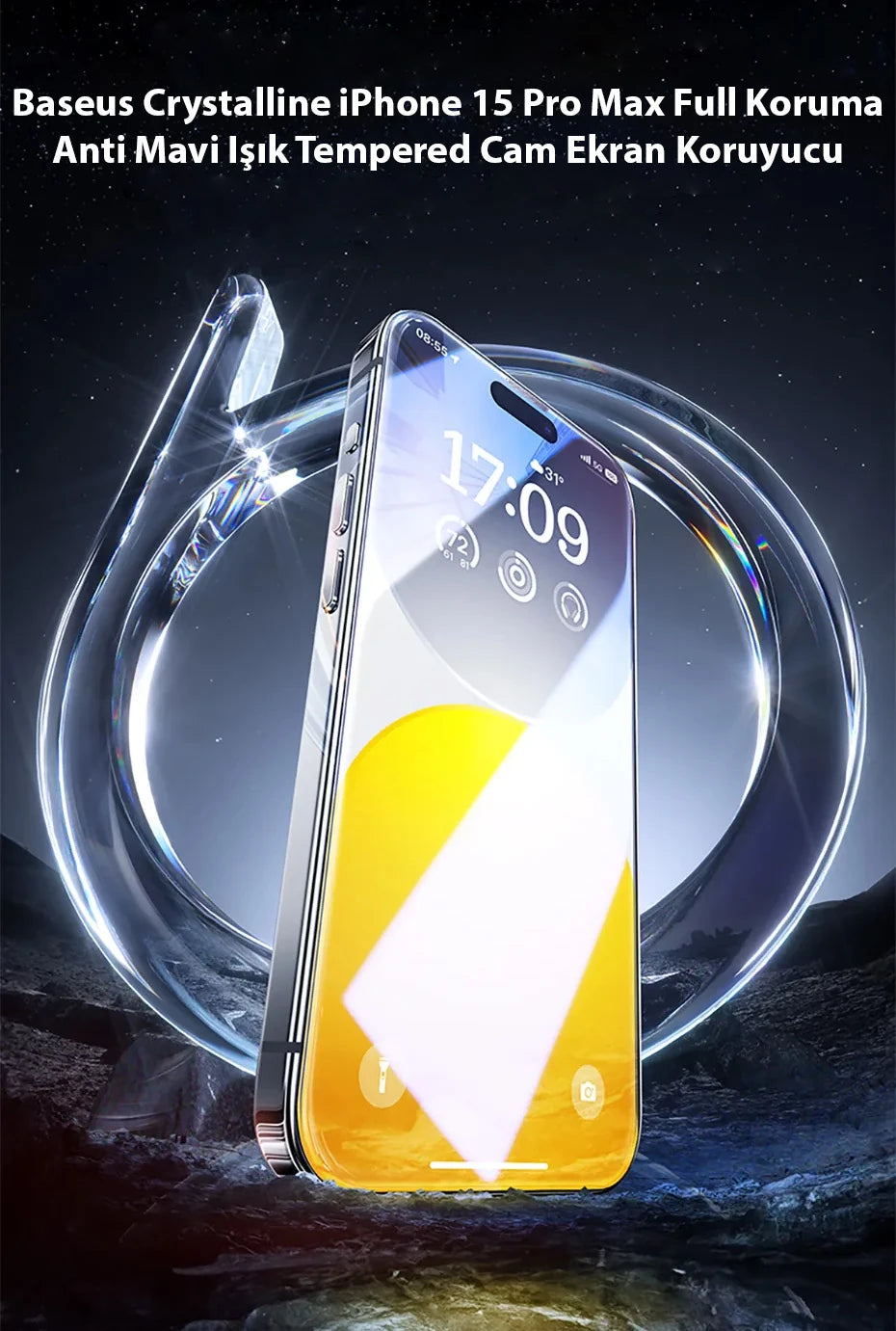 Baseus Crystalline iPhone 15 Pro Max Full Koruma Anti Mavi Işık Tempered Cam Ekran Koruyucu-(5775) - Şeffaf 2
