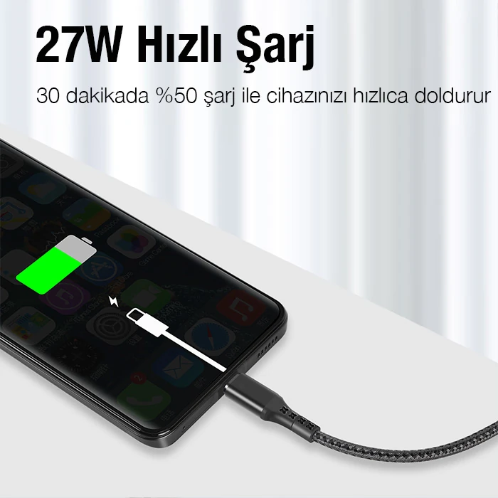 ALLY 1mt 27W Type-C To iPhone Lightning Süper Hızlı Data ve Şarj Kablosu Akım ve Isı Korumalı Halat-(5775) - Siyah