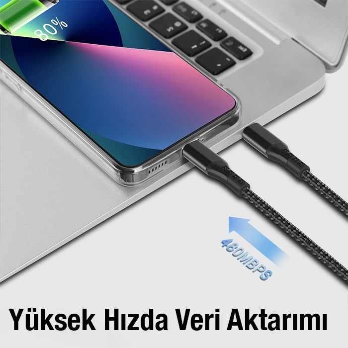 ALLY 1mt 27W Type-C To iPhone Lightning Süper Hızlı Data ve Şarj Kablosu Akım ve Isı Korumalı Halat-(5775) - Siyah