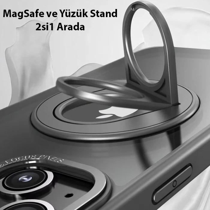 ALLY iPhone 15 Plus İçin Magsafe Uyumlu Yüzük Standlı Manyetik Silikon Kılıf-(5775) - Siyah