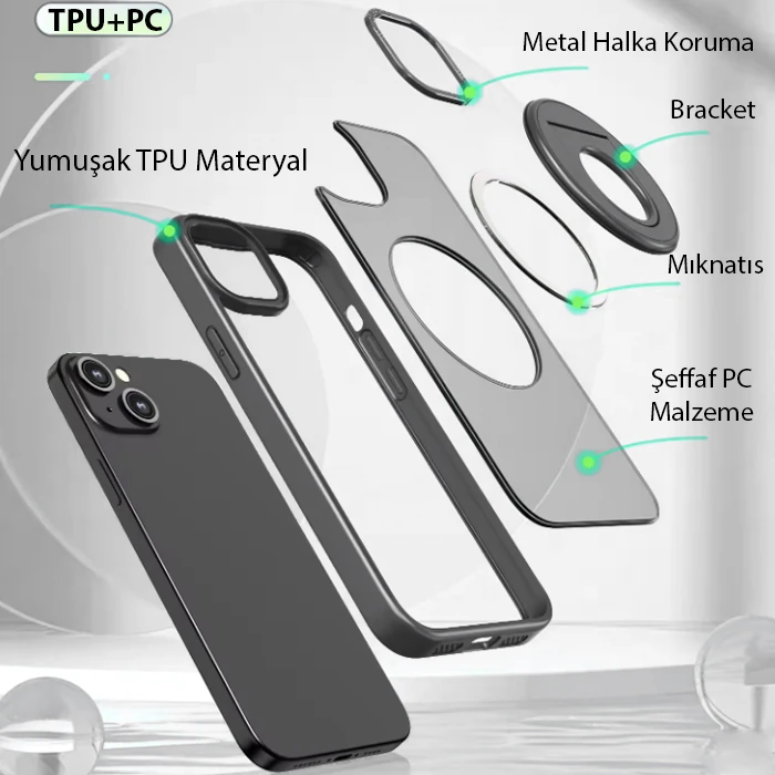 ALLY iPhone 15 Plus İçin Magsafe Uyumlu Yüzük Standlı Manyetik Silikon Kılıf-(5775) - Siyah