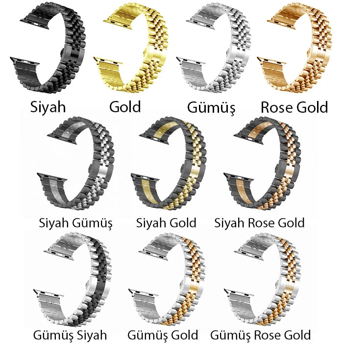 Ally Apple Watch 7-8 45mm 6-5-4 44mm Watch Ultra 49mm Kayış Kordon Paslanmaz Çelik 3-2-1 42mm-(5775) - Siyah-Rose Gold