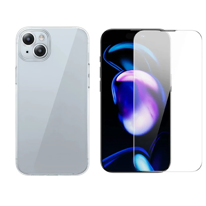 Baseus iPhone 15 Plus Schott Serisi Şeffaf Silikon Kılıf + Tempered Ekran Koruyucu Set-(5775) - Şeffaf 2