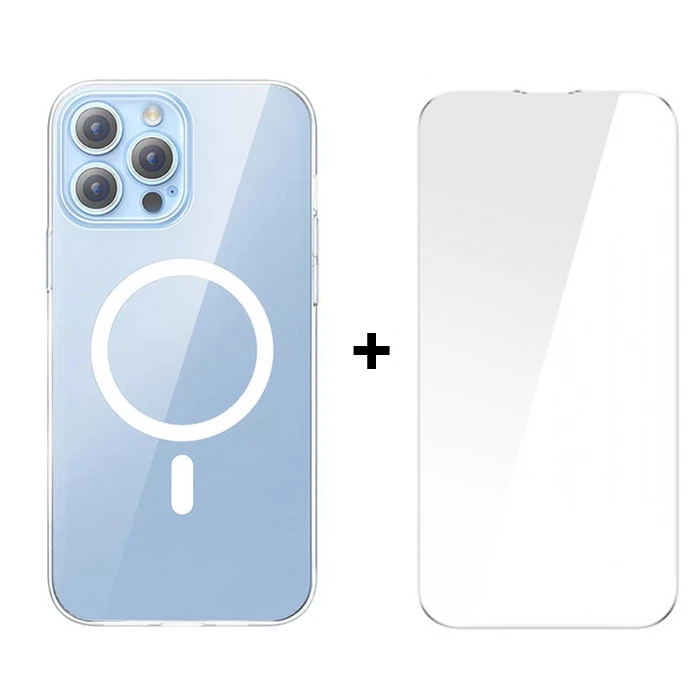 Baseus Crystal iPhone 13 Pro Magsafe Silikon Kılıf + Tempered Ekran Koruyucu Set-(5775) - Şeffaf 2