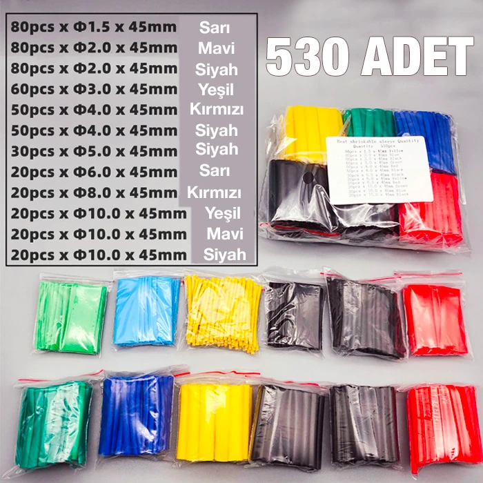 Ally 5 Renk Makaron Isı İle Daralan Kablo Seti 530 Adet 8 Boy Set-(5775) - Çok Renkli