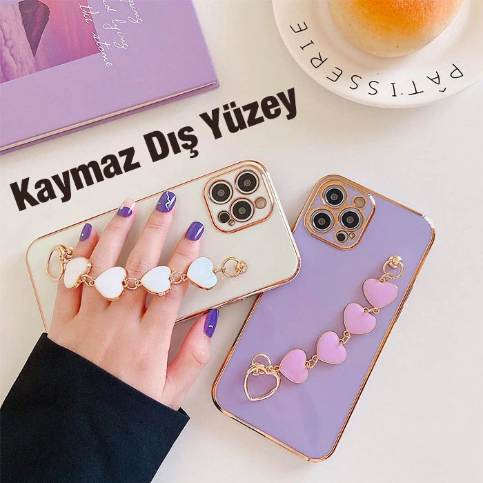 Ally iPhone 11 6.1inç Kılıf Kalp Bileklik Tutuculu Lüx Silikon Askılı Kılıf-(5775) - Beyaz
