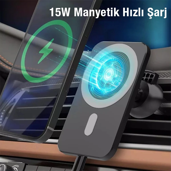Ally N16 15W Magsafe Uyumlu Araç İçi Telefon Tutucu-(5775) - Siyah