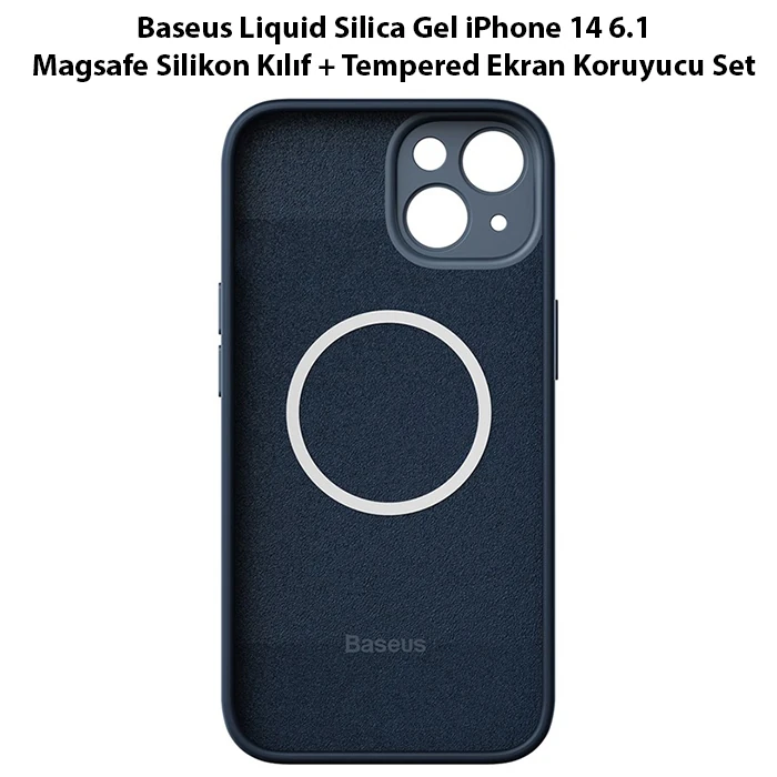 Baseus Liquid Silica Gel iPhone 14 6.1 Magsafe Silikon Kılıf + Tempered Ekran Koruyucu Set-(5775) - Mavi