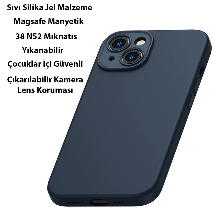 Baseus Liquid Silica Gel iPhone 14 6.1 Magsafe Silikon Kılıf + Tempered Ekran Koruyucu Set-(5775) - Mavi