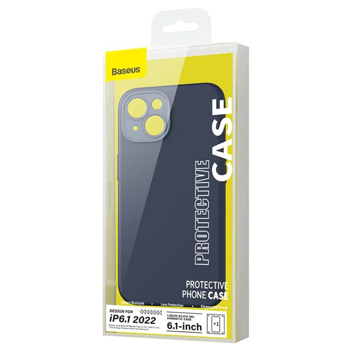 Baseus Liquid Silica Gel iPhone 14 6.1 Magsafe Silikon Kılıf + Tempered Ekran Koruyucu Set-(5775) - Mavi