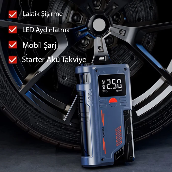 EZERE ST-9631 Pro Taşınabilir Göstergeli Araç Lastik Şişirme Ve Starter Akü Takviye Seti-(5775) - Siyah