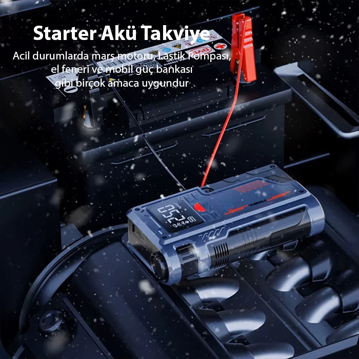 EZERE ST-9631 Pro Taşınabilir Göstergeli Araç Lastik Şişirme Ve Starter Akü Takviye Seti-(5775) - Siyah